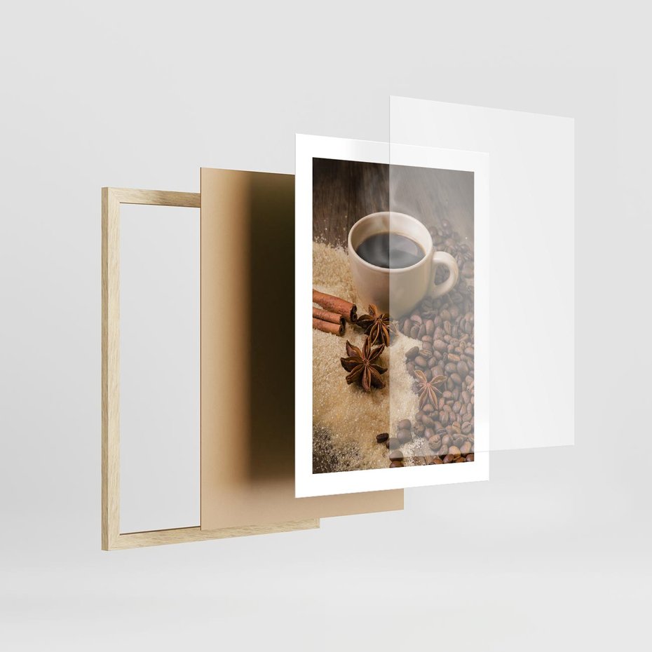 Plakat w ramie 30x40 - Kawowa filiżanka pełna aromatu - kawa, filiżanka - rama drewno