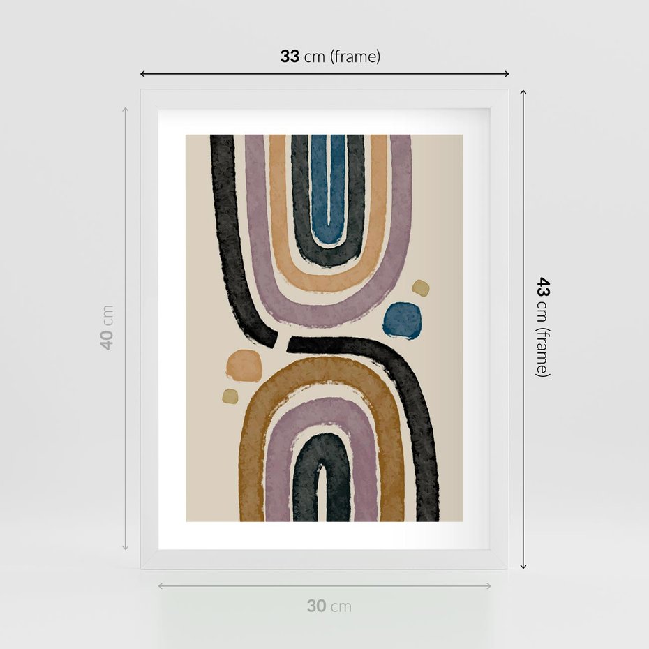 Plakat w ramie 30x40 - Taniec Przenikających Kształtów - abstrakcyjne tęcze, kompozycja - rama biała