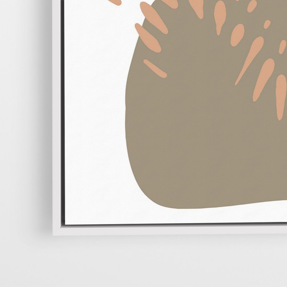 Obraz w ramie 70x100 - Taniec Plam - abstrakcyjna kompozycja z kropek kresek i kółek, odcienie brązu i beżu - rama biała