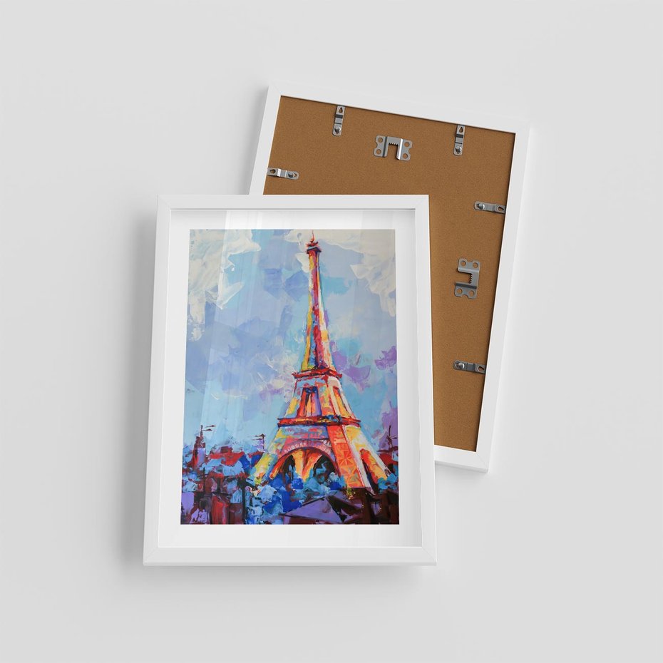 Plakat w ramie 30x40 - Paryska Wieża - olejny abstrakcyjny obraz, wieża eiffla - rama biała