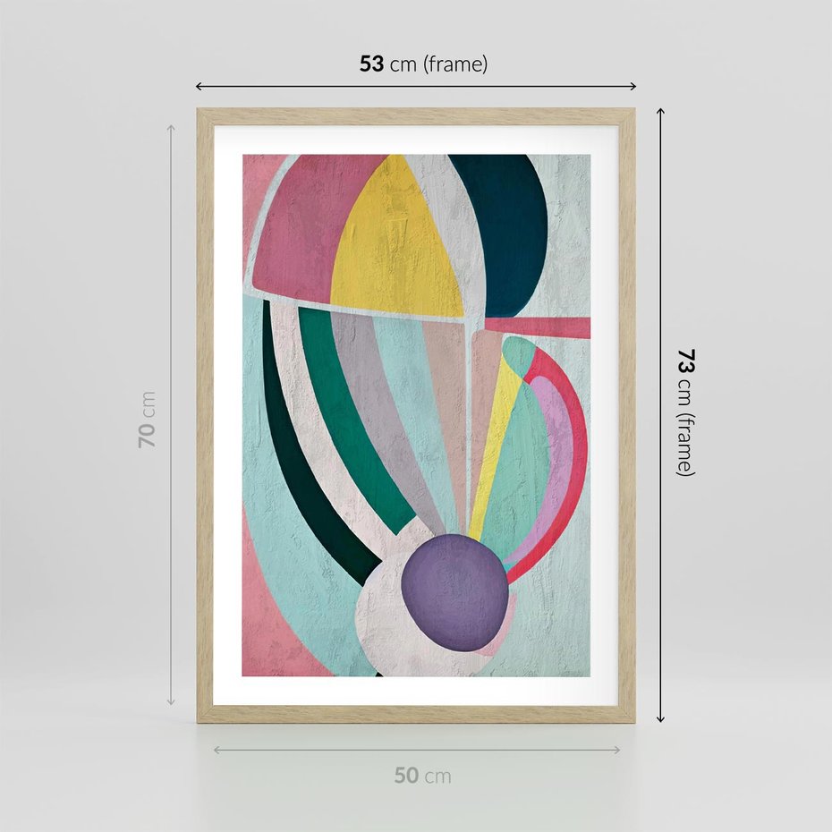 Plakat w ramie 50x70 - Podróżne Echa Przestrzeni - abstrakcyjne dziwne kształty, olejny obraz - rama drewno