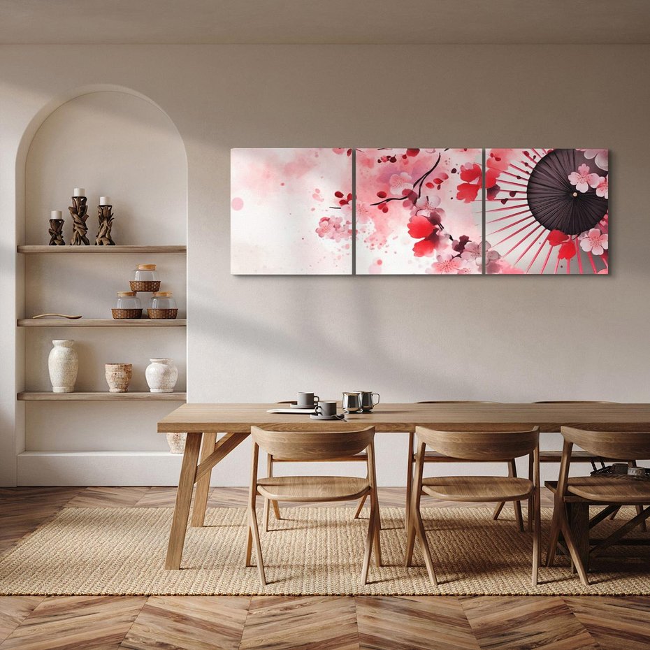 Obraz na płótnie 90x30 - Szept Kwitnącej Wiśni - japoński parasol, liście