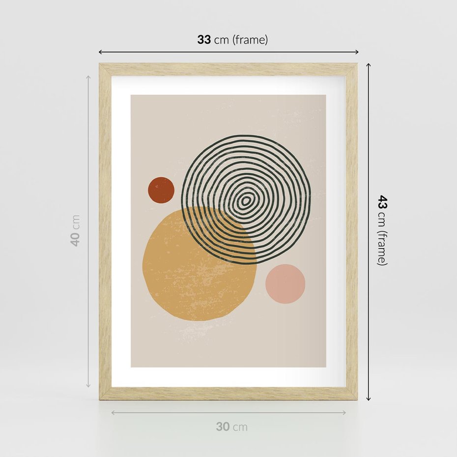 Plakat w ramie 30x40 - Boho Światło - abstrakcyjna sztuka, boho kształty - rama drewno