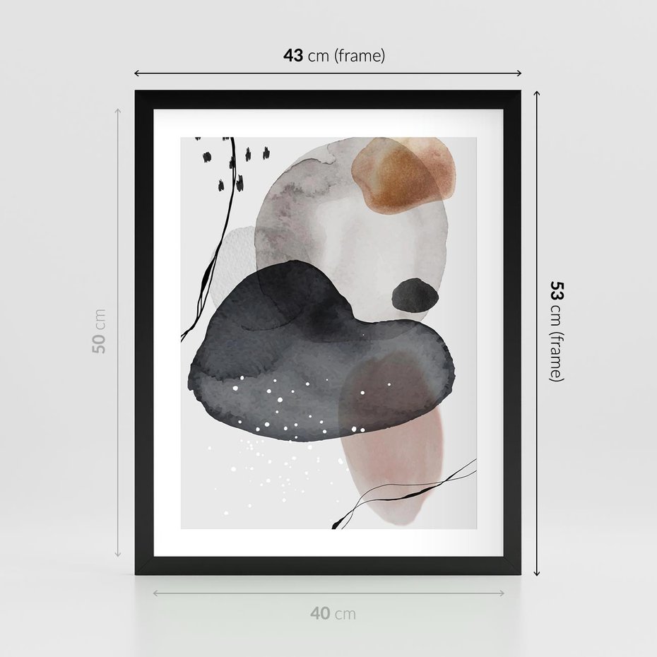 Plakat w ramie 40x50 - Impresje Harmonii - abstrakcyjne plamy akwarelowe, czarny szkic - rama czarna