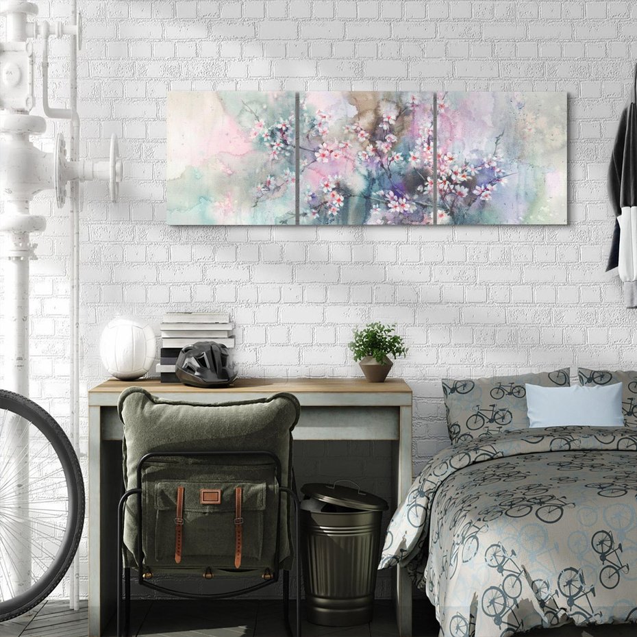 Obraz na płótnie 90x30 - Efemeryczne Kwitnienie Drzew - akwarela, rozmyte pastelowe tłó