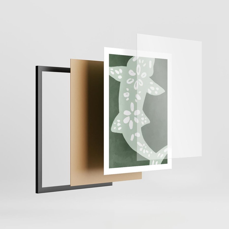 Plakat w ramie 50x70 - Migotliwe Wibracje Zieleni - zielony plakat, abstrakcja przypominająca rybę - rama czarna