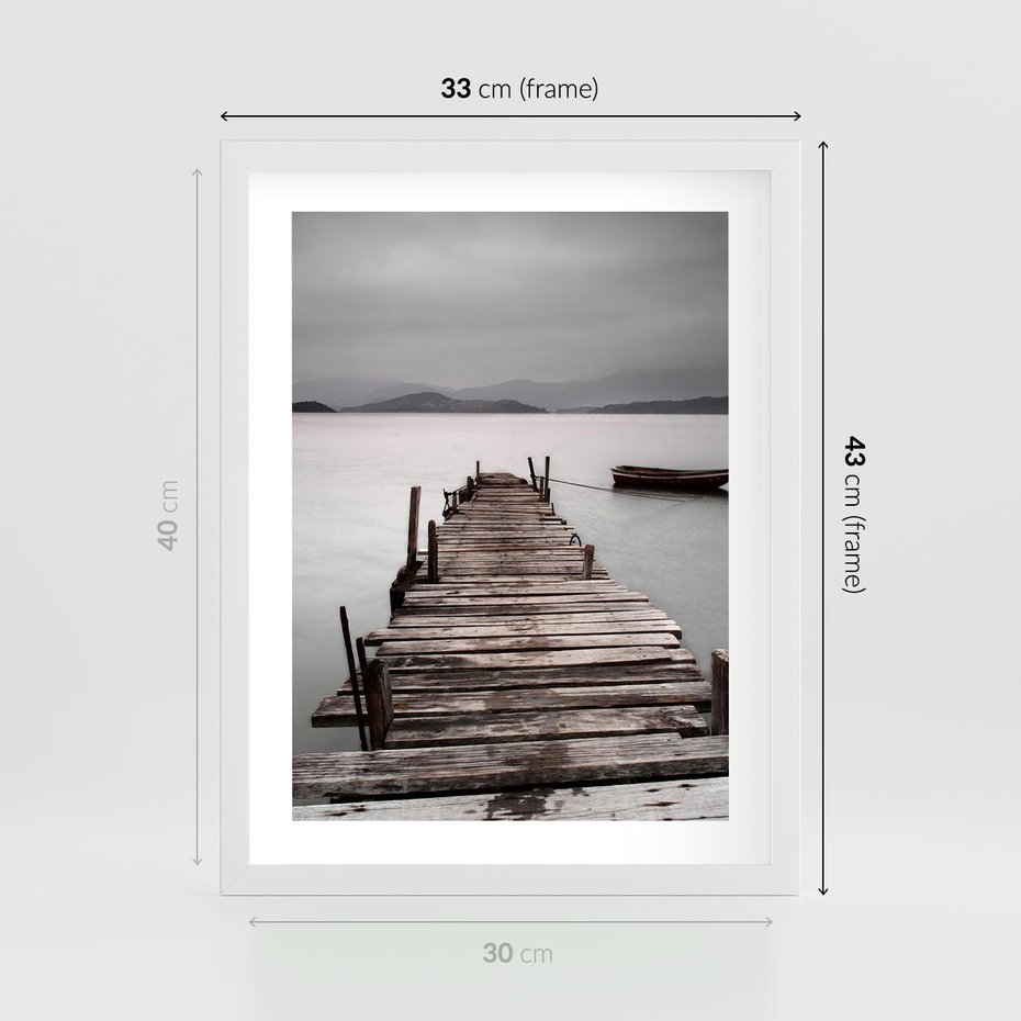 Plakat w ramie 30x40 - Spokój nad Jeziorem - pomost, jezioro - rama biała