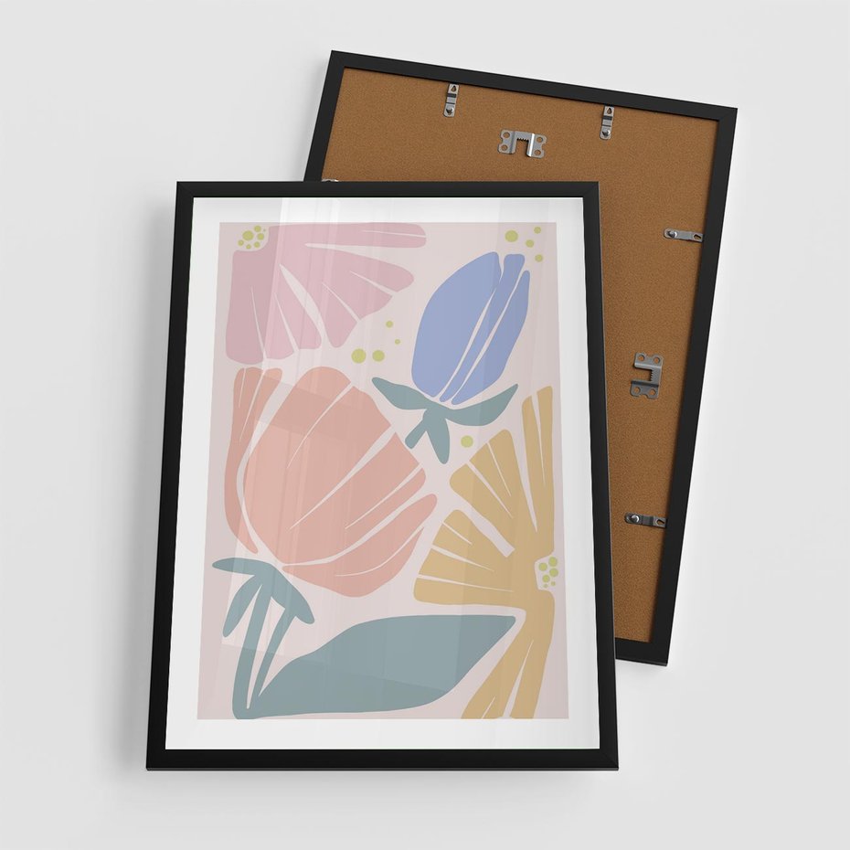 Plakat w ramie 50x70 - Rozkwitające Harmonie Natury - pastelowe kwiaty, na beżowym tle - rama czarna