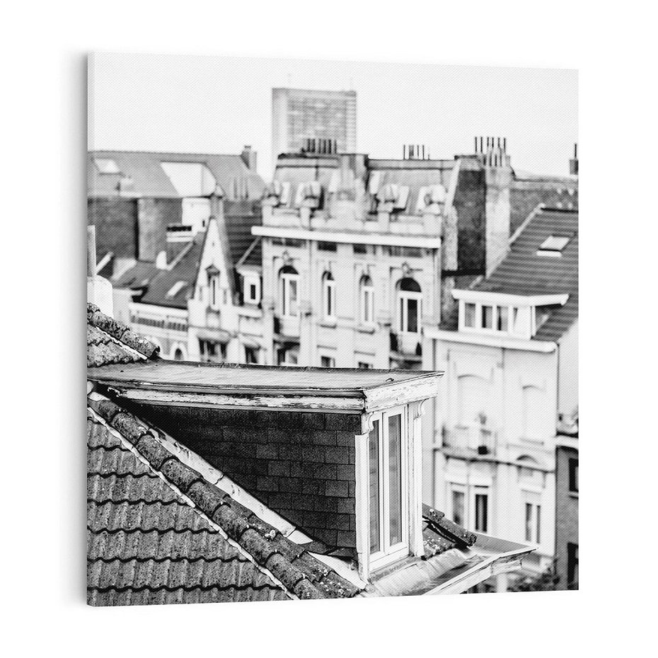 Obraz na płótnie 40x40 - Miasto w Retro Odsłonie - fotografia czarno biała, ujęcie na dachy wielkiego miasta