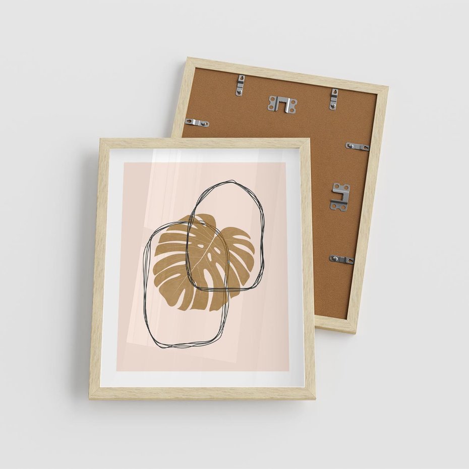 Plakat w ramie 40x50 - Liście w Beżowym Minimalizmie - minimalistyczny obraz, liście monstery - rama drewno