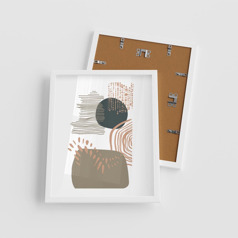 Plakat w ramie 40x50 - Taniec Plam - abstrakcyjna kompozycja z kropek kresek i kółek, odcienie brązu i beżu - rama biała