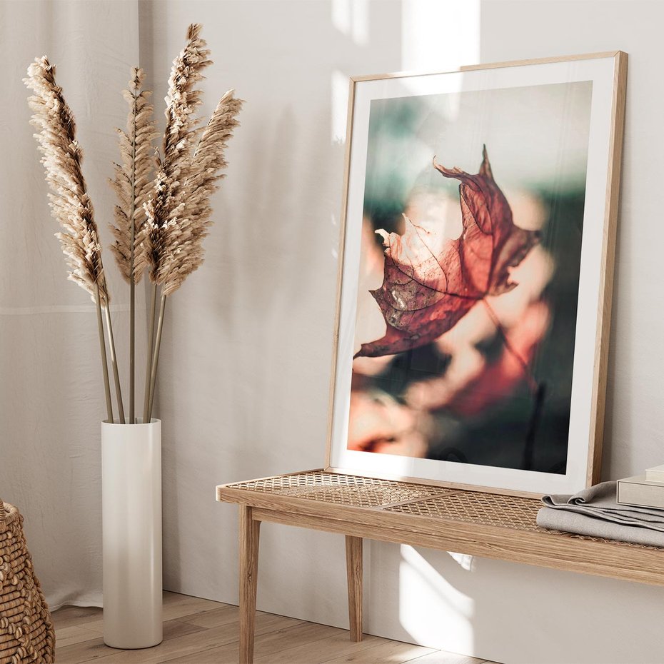 Plakat w ramie 30x40 - Liść w Jesieni - jesienny liść, czerwony - rama drewno