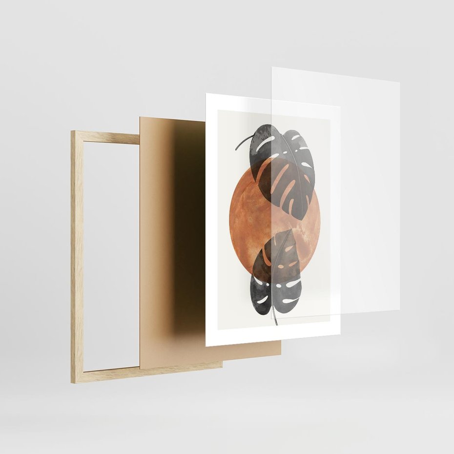 Plakat w ramie 30x40 - Elegancja w Detalach: Miedziane Koło z Monsterą - grafika, miedziane koło - rama drewno