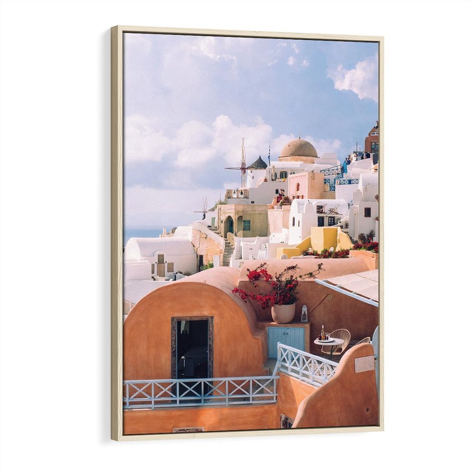 Obraz w ramie 80x120 - Błękit Morza i Białe Domki - Santorini, wyspa - rama drewno