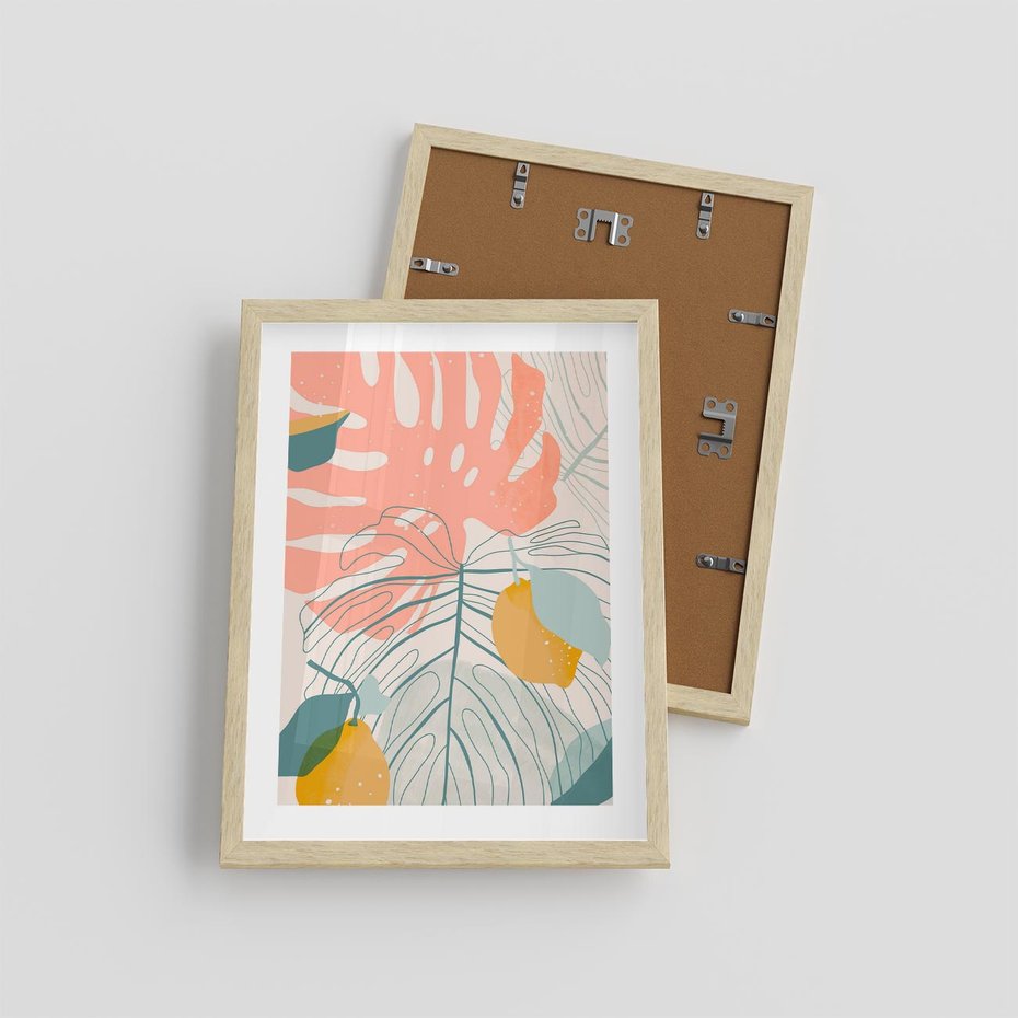 Plakat w ramie 30x40 - Sztuka Natury: Liście Monstery w Pastelach - nowoczesna grafika, pastelowe liście monstery - rama drewno