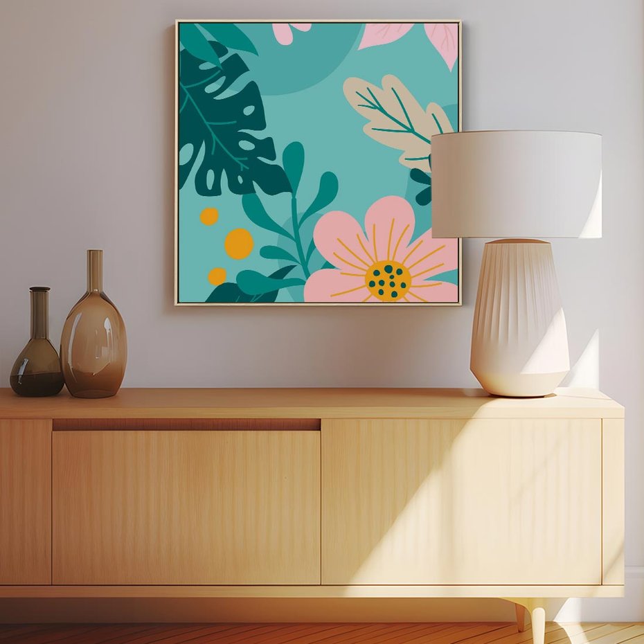 Obraz w ramie 50x50 - Kwiatowy Impuls - pastelowa kompozycja, kwiaty - rama drewno