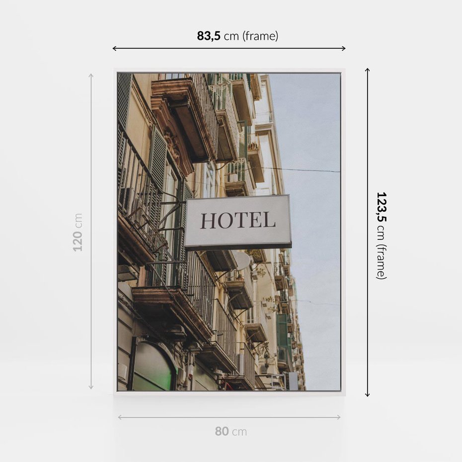 Obraz w ramie 80x120 - Magiczne Spacery - hotel, uliczka - rama biała