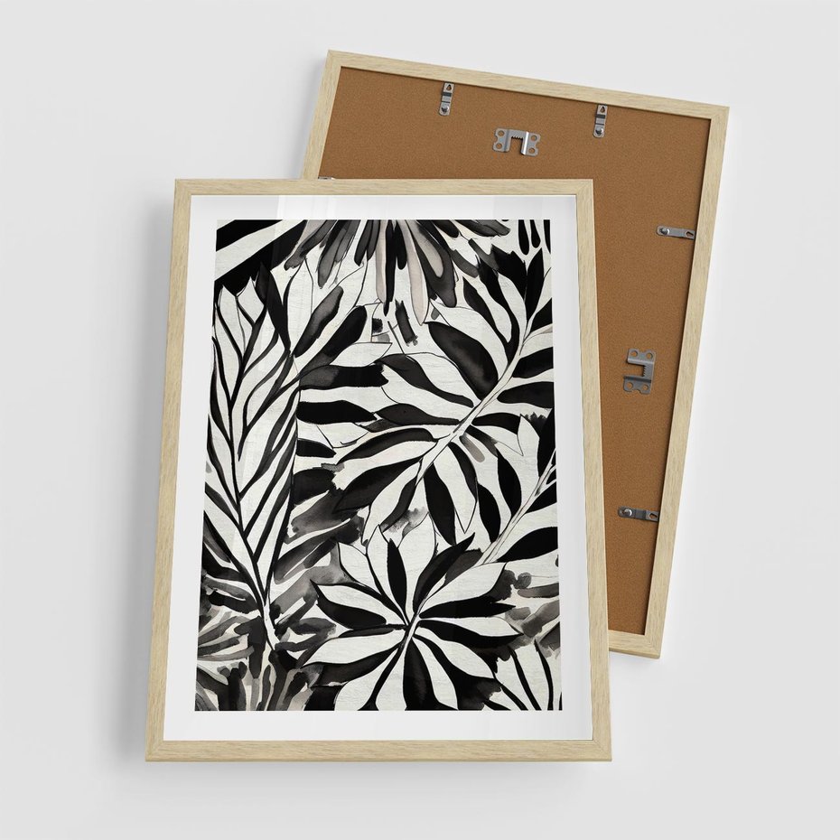 Plakat w ramie 50x70 - Czarne Liście - akwarelowy obraz, czarno biały - rama drewno