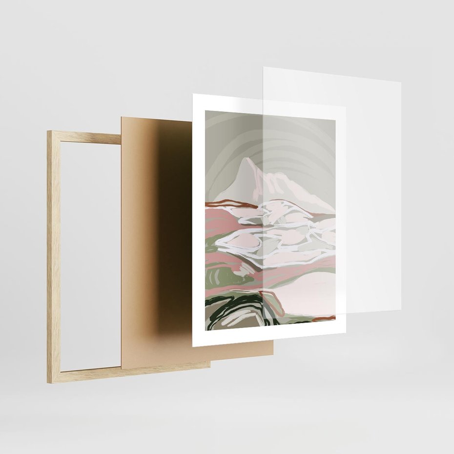 Plakat w ramie 40x50 - Szarawe Wzgórza - pastelowy krajobraz, nowoczesny plakat - rama drewno