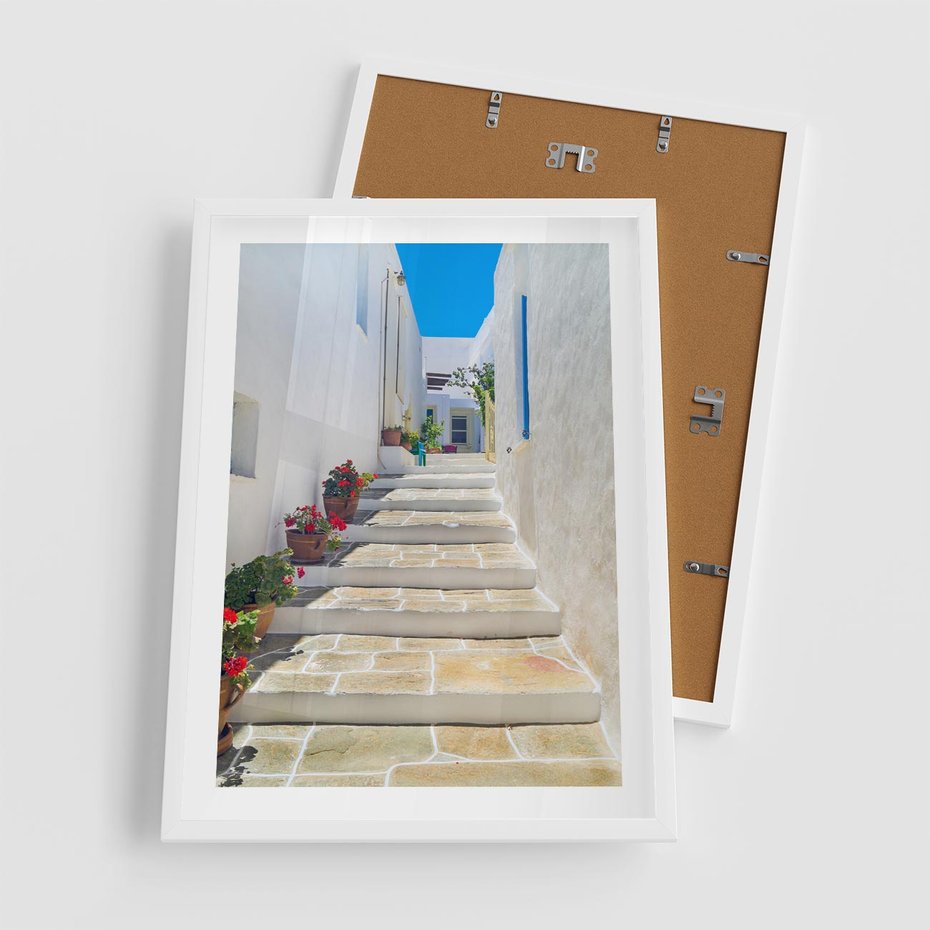 Plakat w ramie 50x70 - Urok Greckiej Uliczki - grecka, uliczka - rama biała