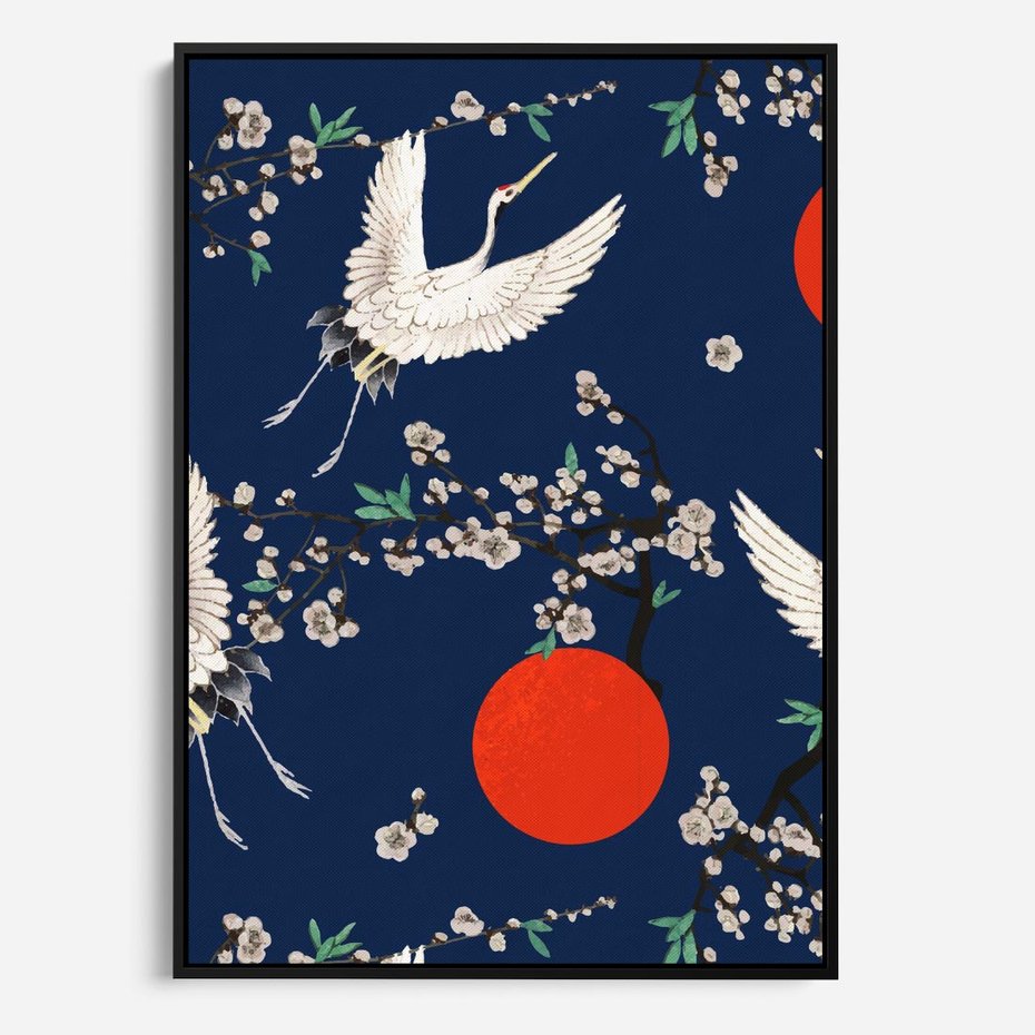 Obraz w ramie 70x100 - Japońskie Żurawie Indygo - sztuka japońska, japonia - rama czarna