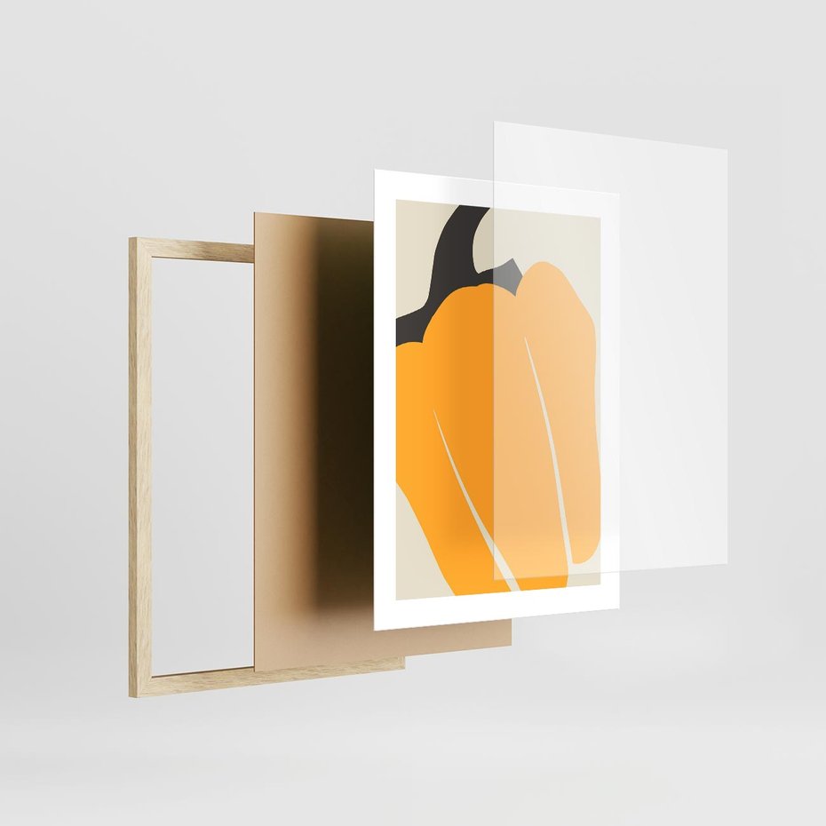 Plakat w ramie 30x40 - Migocące Formy - abstrakcyjny minimalistyczny obraz, żółta papryczka - rama drewno