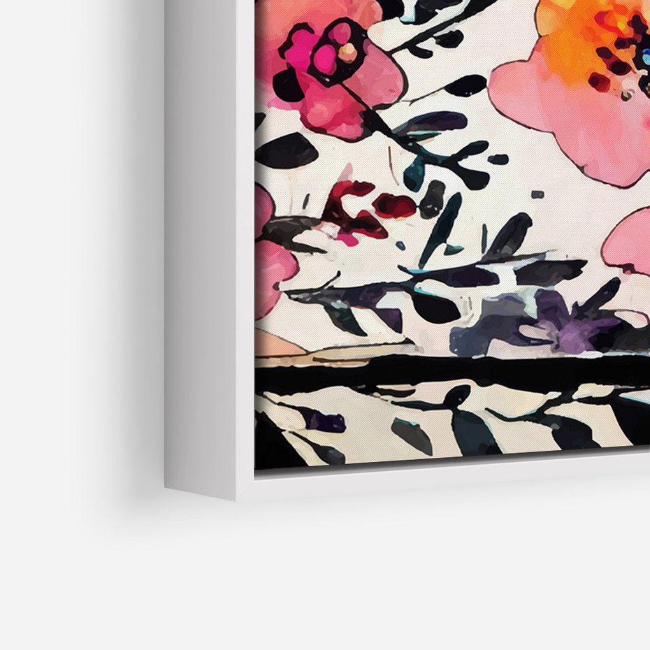 Obraz w ramie 70x100 - Opowieść w kroplach farb - akwarelowe kwiaty, mocna ornamentowa czarna ramka namalowana dookoła obrazu - rama biała