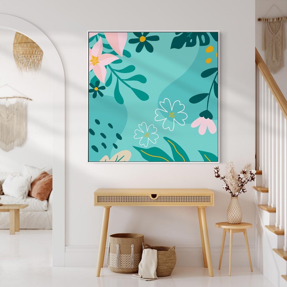 Obraz w ramie 50x50 - Rozkwitające Widoki - pastelowa kompozycja, kwiaty - rama biała