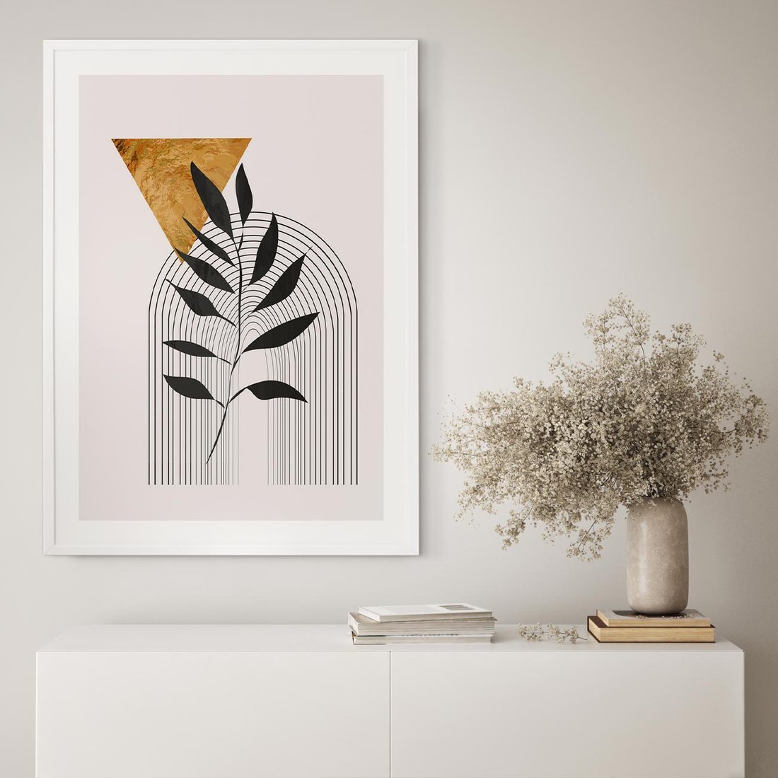 Plakat w ramie 50x70 - Geometria z Elementami Złota i Liści - grafika, złoto - rama biała