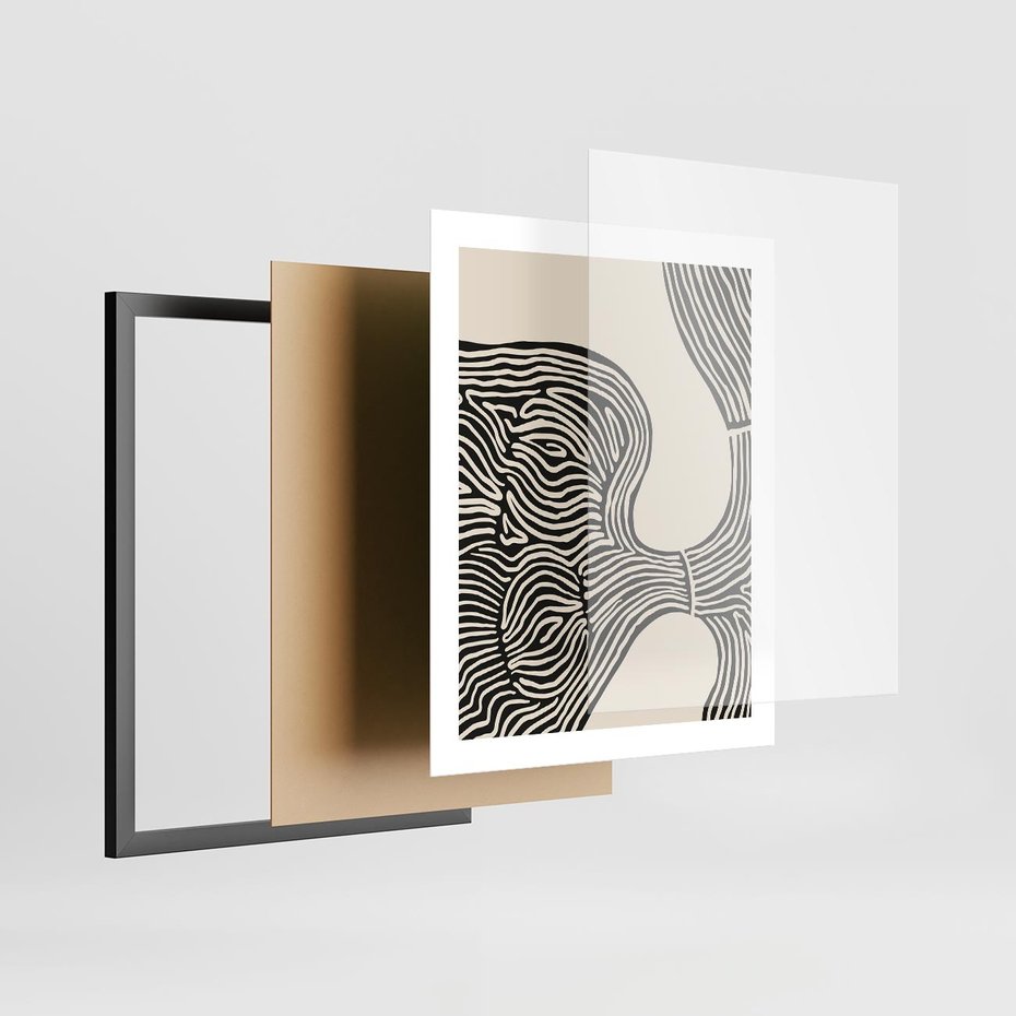 Plakat w ramie 40x50 - Harmonijne Kształty - abstrakcyjne ryciny, czarno biały - rama czarna