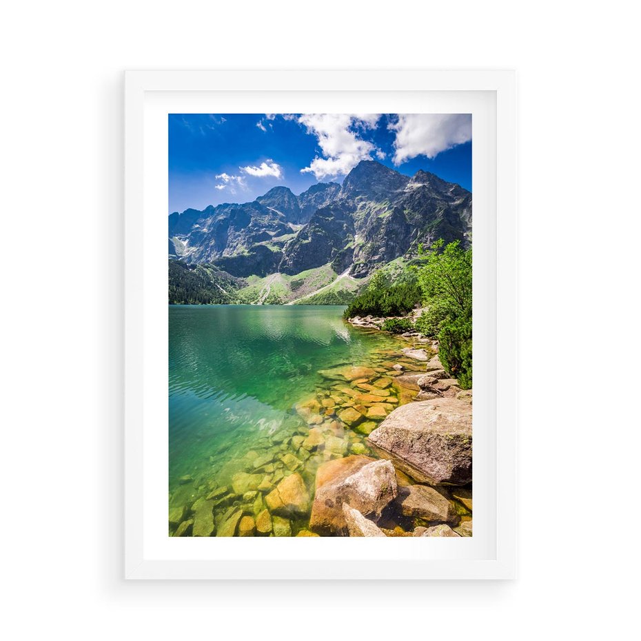 Plakat w ramie 50x70 - Mistyczne Połączenie - jezioro, góry - rama biała
