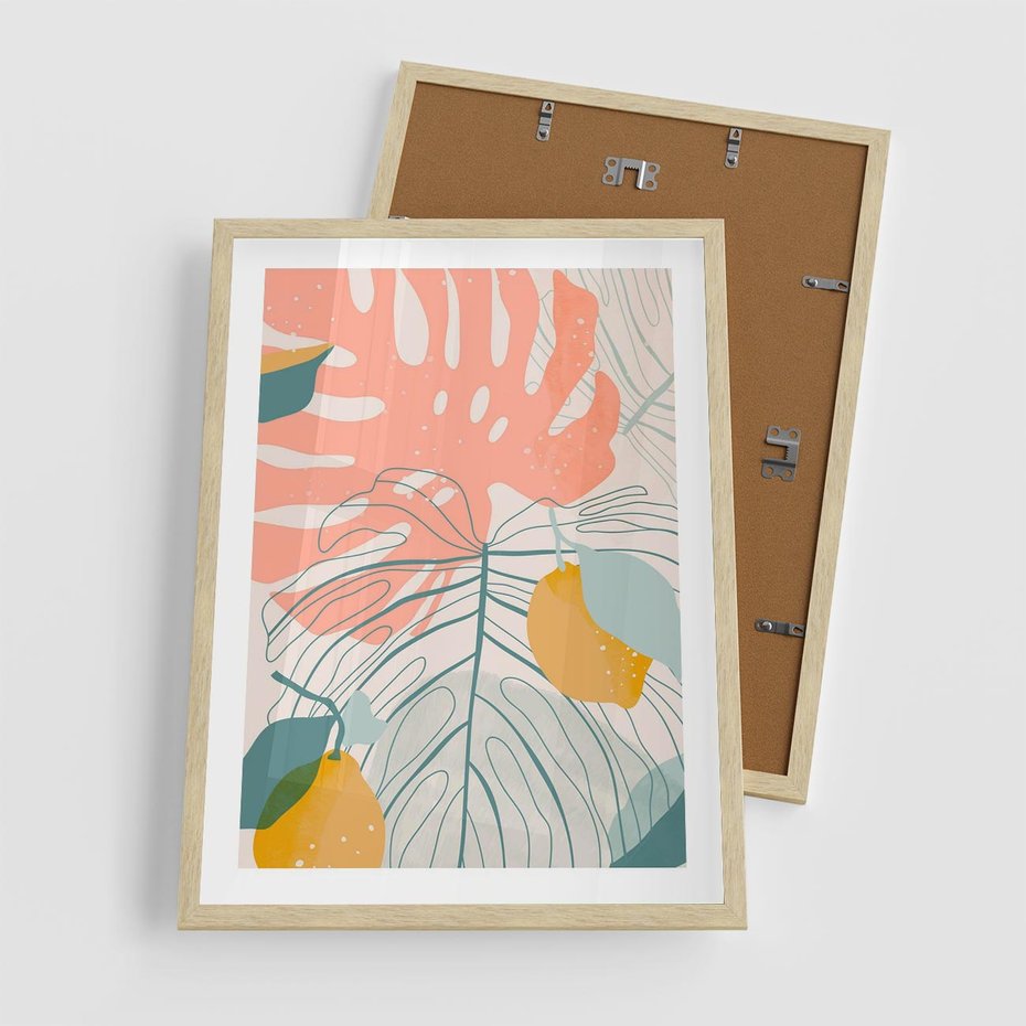 Plakat w ramie 50x70 - Sztuka Natury: Liście Monstery w Pastelach - nowoczesna grafika, pastelowe liście monstery - rama drewno