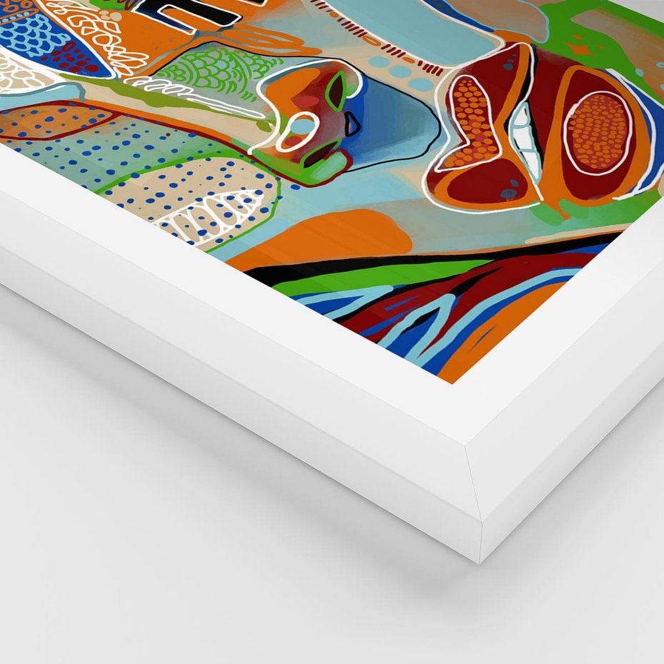 Plakat w ramie 50x70 - Wibracje Kształtów - abstrakcyjny portret kobiety, twarz - rama biała