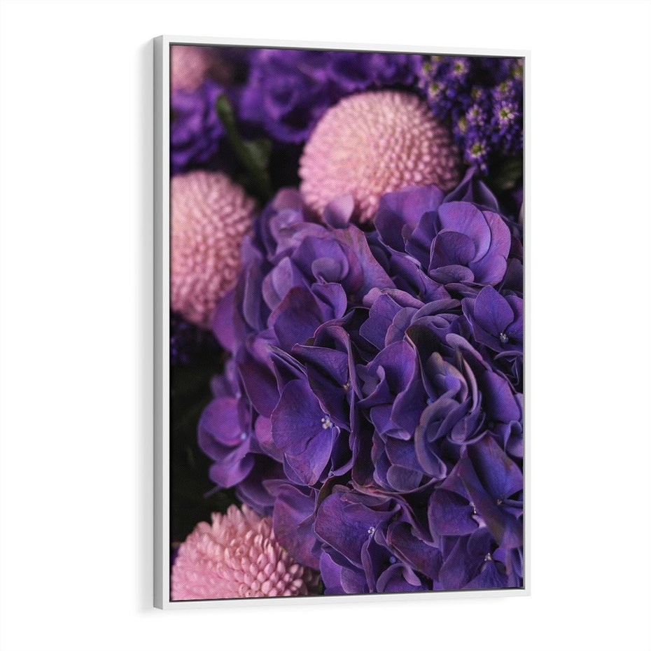 Obraz w ramie 50x70 - Fioletowa hortensja - kwiaty, hortensja - rama biała