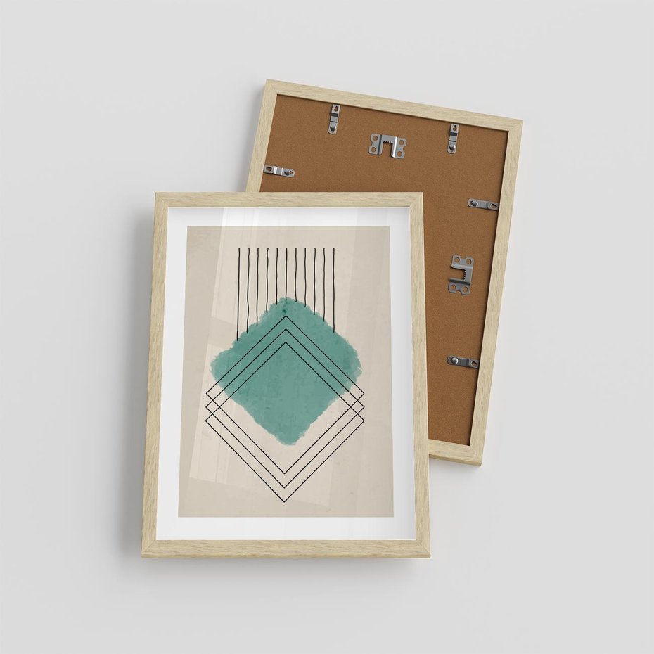 Plakat w ramie 30x40 - Impresje Przestrzeni - akwarelowa plama, geometryczne szkicowane kształty - rama drewno