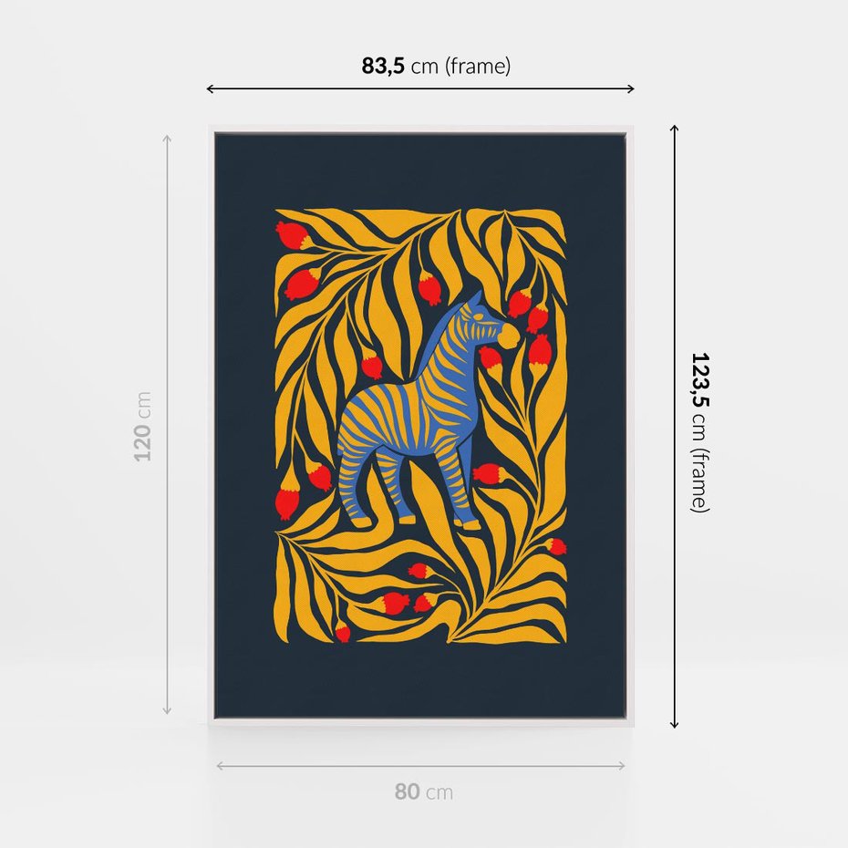 Obraz w ramie 80x120 - Wibracje Wyobraźni - zebra, granatowe tłó - rama biała