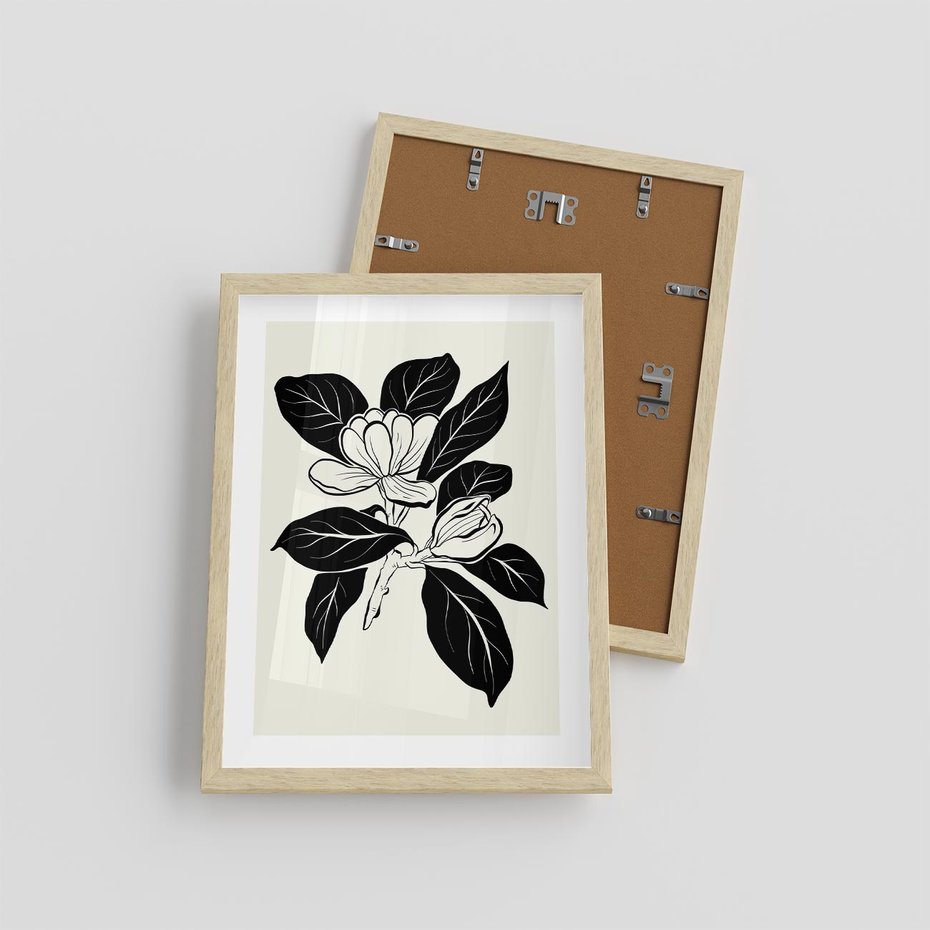 Plakat w ramie 30x40 - Spojrzenie w kształty kwiatów - kwiaty magnolii, minimalizm - rama drewno