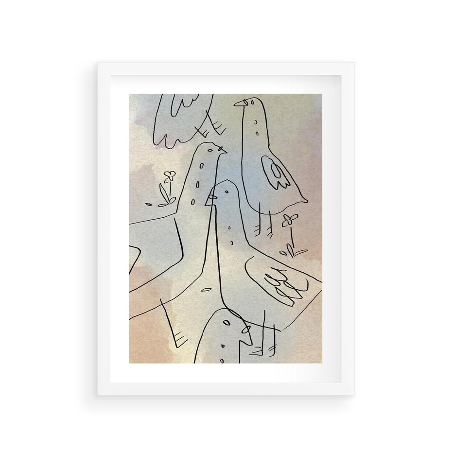 Plakat w ramie 30x40 - Strukturalna Gromada - abstrakcyjny plakat, szkic ptaków - rama biała