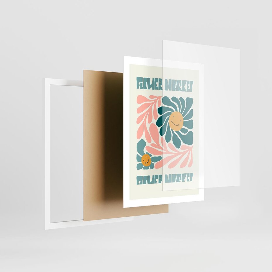 Plakat w ramie 50x70 - Harmonia płatków kwiatów - kwiatowa retro kompozycja, pastelowe kolory - rama biała