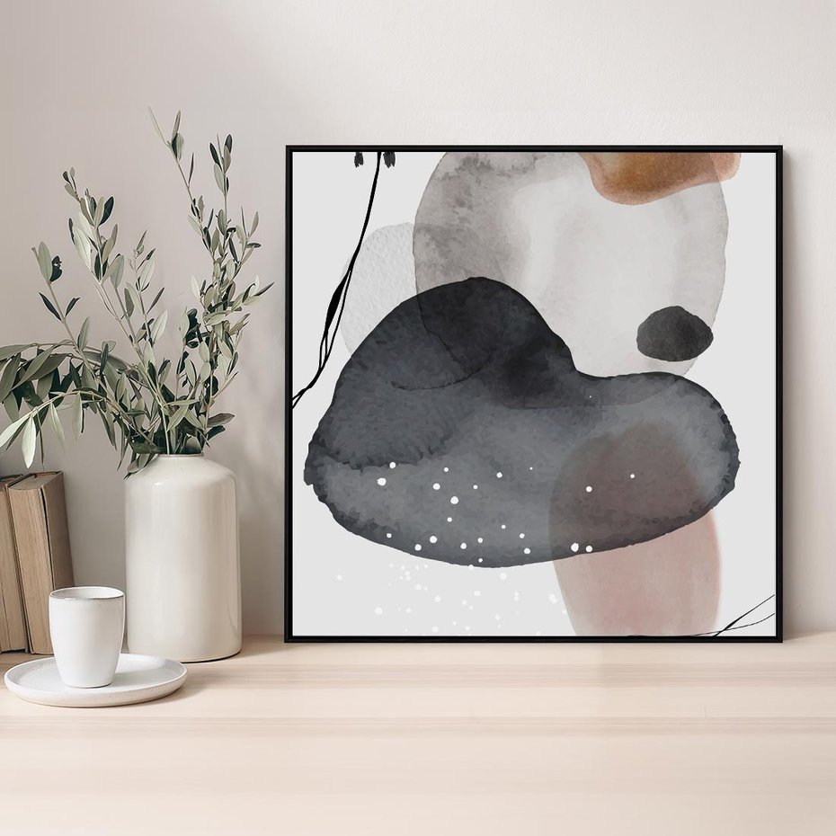 Obraz w ramie 50x50 - Impresje Harmonii - abstrakcyjne plamy akwarelowe, czarny szkic - rama czarna