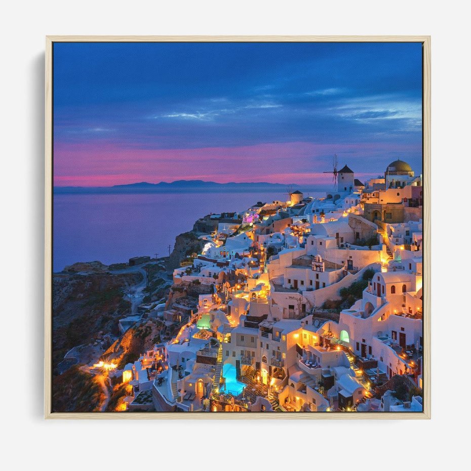 Obraz w ramie 80x80 - Wyblakłe wspomnienia gwiazd - Santorini, wieczór - rama drewno