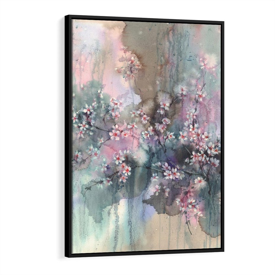 Obraz w ramie 50x70 - Efemeryczne Kwitnienie Drzew - akwarela, rozmyte pastelowe tłó - rama czarna