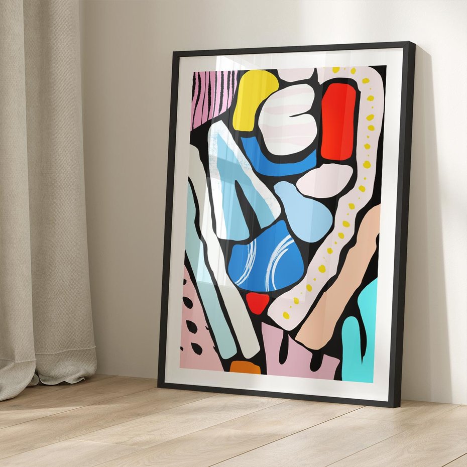 Plakat bez ramy 30x40 - Kolory Na Czerni - abstrakcyjne formy, komiksowy styl