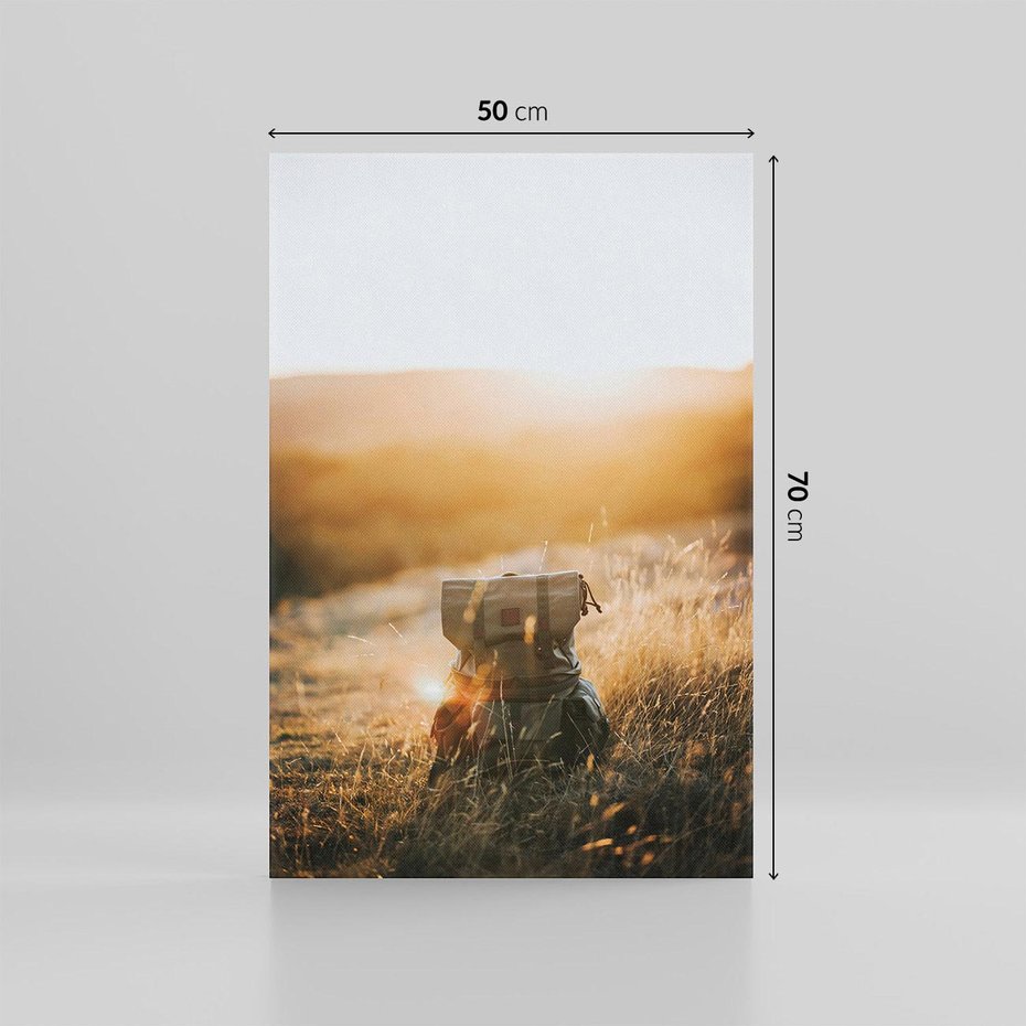 Obraz na płótnie 50x70 - Podróżniczy bukiet na łące - plecak, podróż