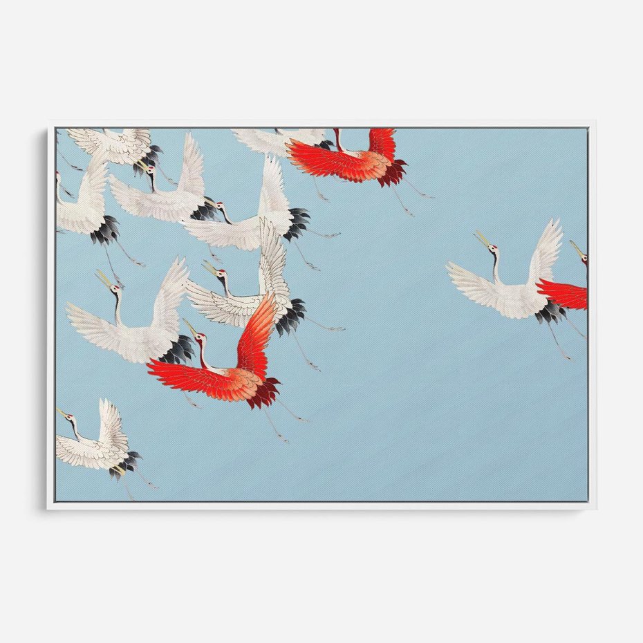 Obraz w ramie 70x50 - Eteryczne Żurawie - lecące żurawie, orientalna sztuka - rama biała