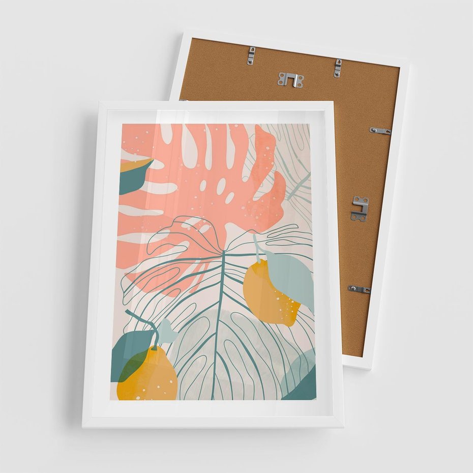 Plakat w ramie 50x70 - Sztuka Natury: Liście Monstery w Pastelach - nowoczesna grafika, pastelowe liście monstery - rama biała