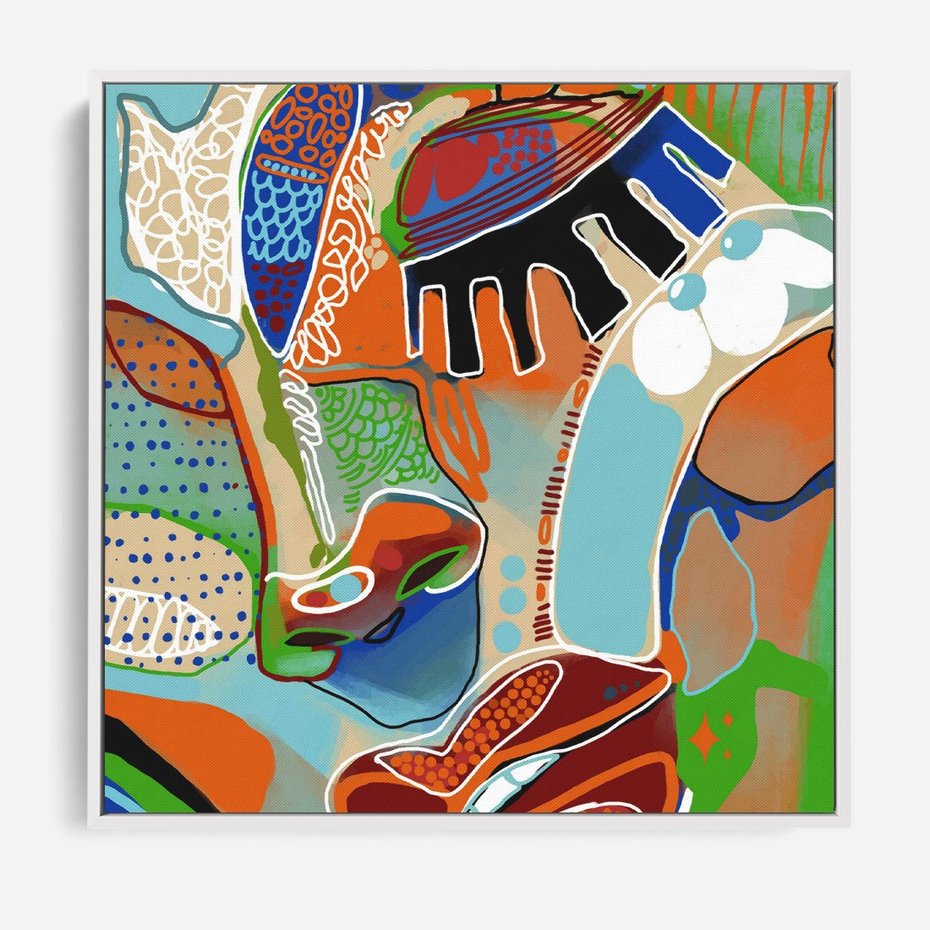 Obraz w ramie 50x50 - Wibracje Kształtów - abstrakcyjny portret kobiety, twarz - rama biała