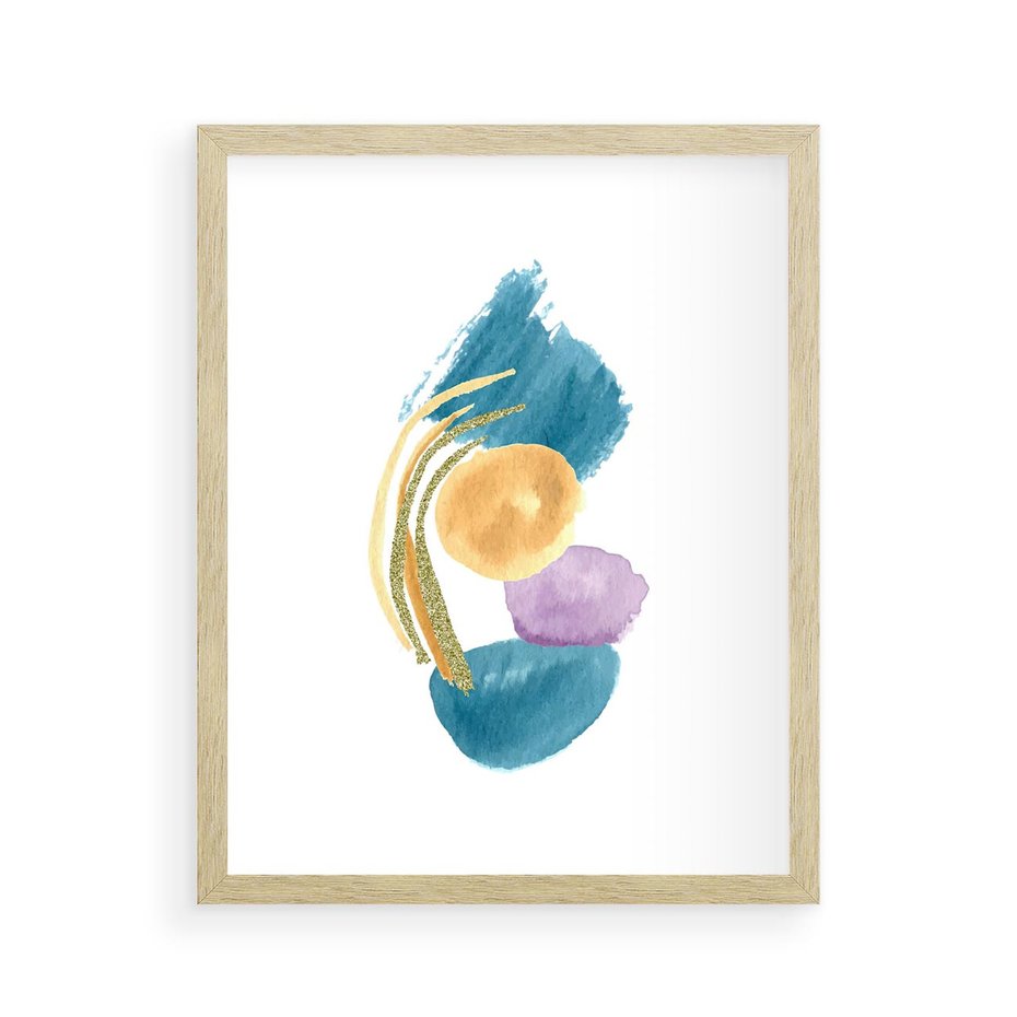 Plakat w ramie 40x50 - Migocące Barwy Akwarel - akwarelowe plamy w odcieniach błękitu, złote kreski - rama drewno