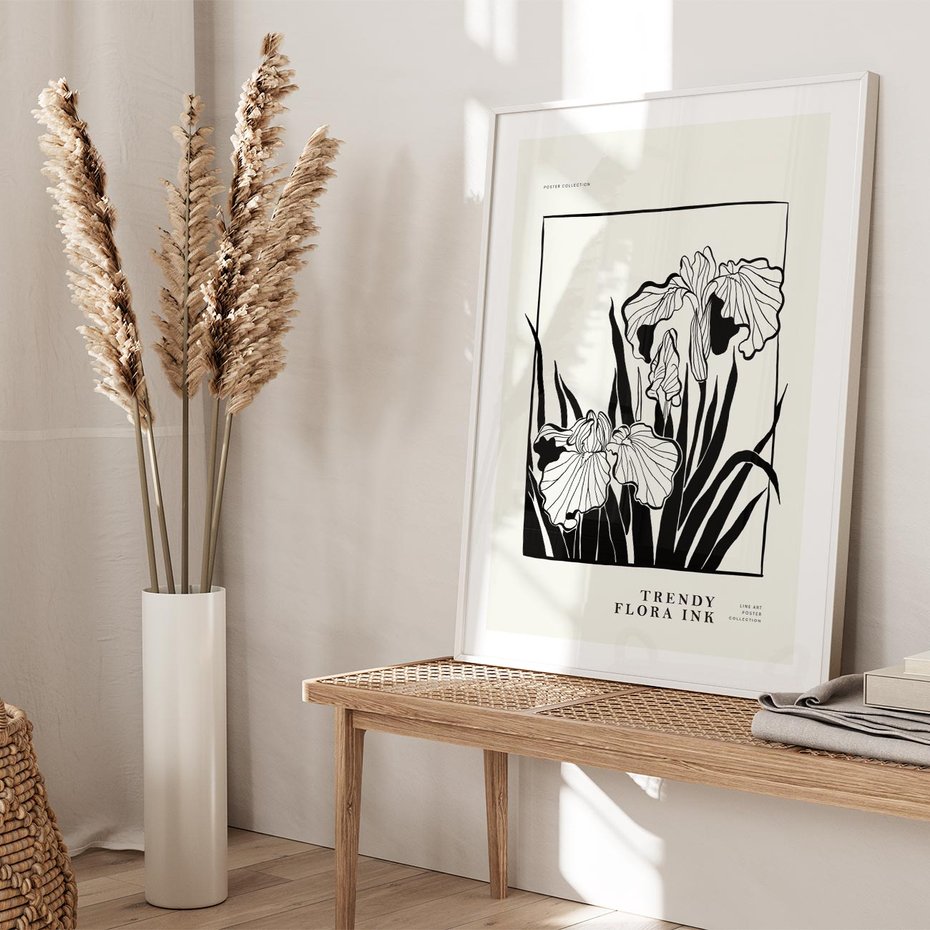 Plakat w ramie 30x40 - Spojrzenia na szkicowaną przeszłość - kwiaty, typografia - rama biała