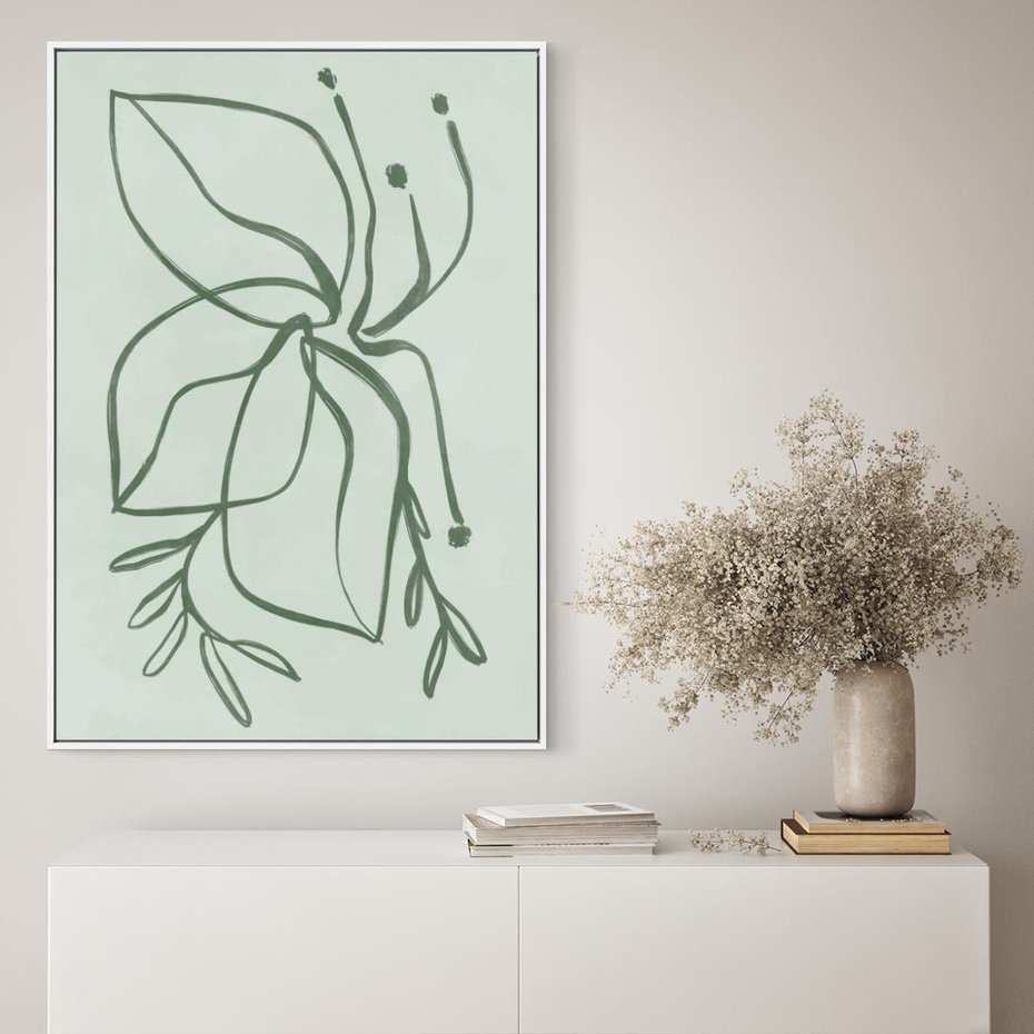 Obraz w ramie 80x120 - Energetyczne Odrodzenie Natury - abstrakcyjne delikatne zielone linie, podobne do gałęzi kwiatów - rama biała